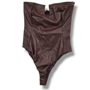 Zara Brown Faux Leather Strapless‎ Plunging Neckline Thong Bodysuit Size Small
